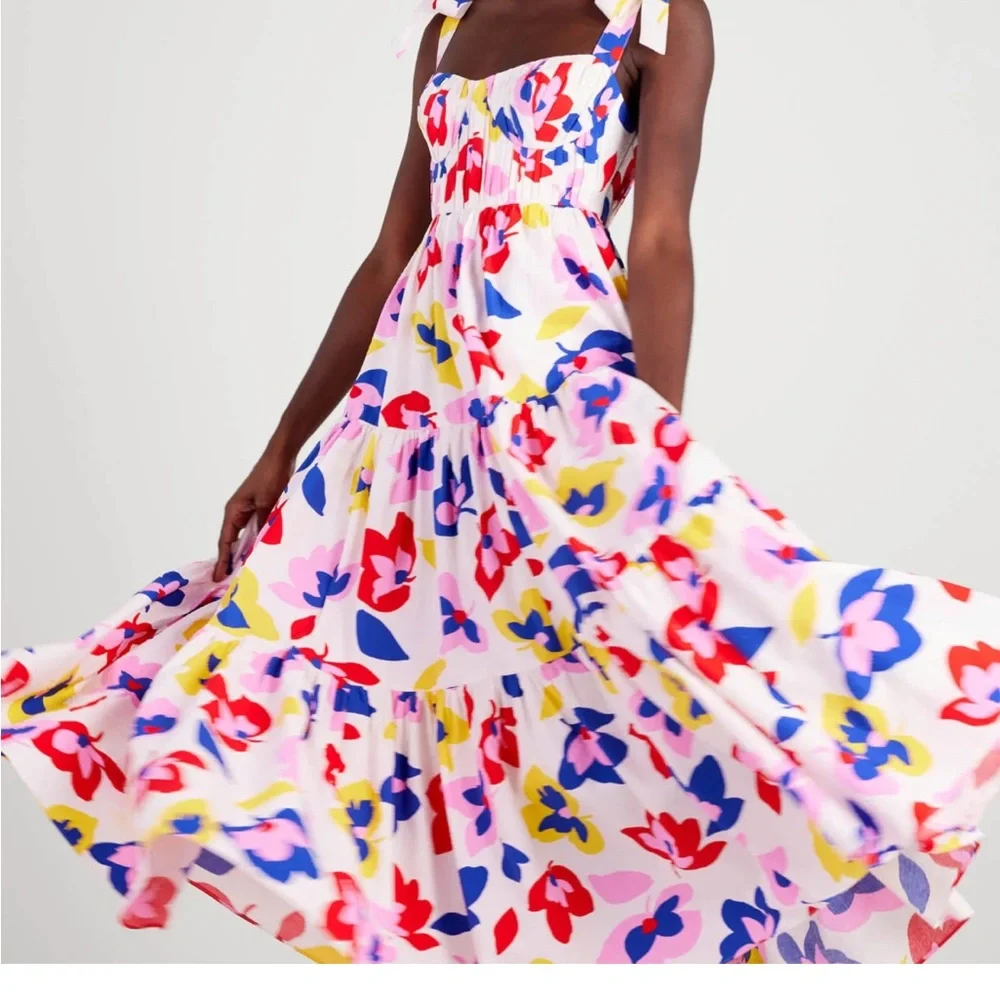 EUC Kate Spade New York Summer Flowers Tiered Dress in Cream Multi Size 0 - Picture 3 of 10
